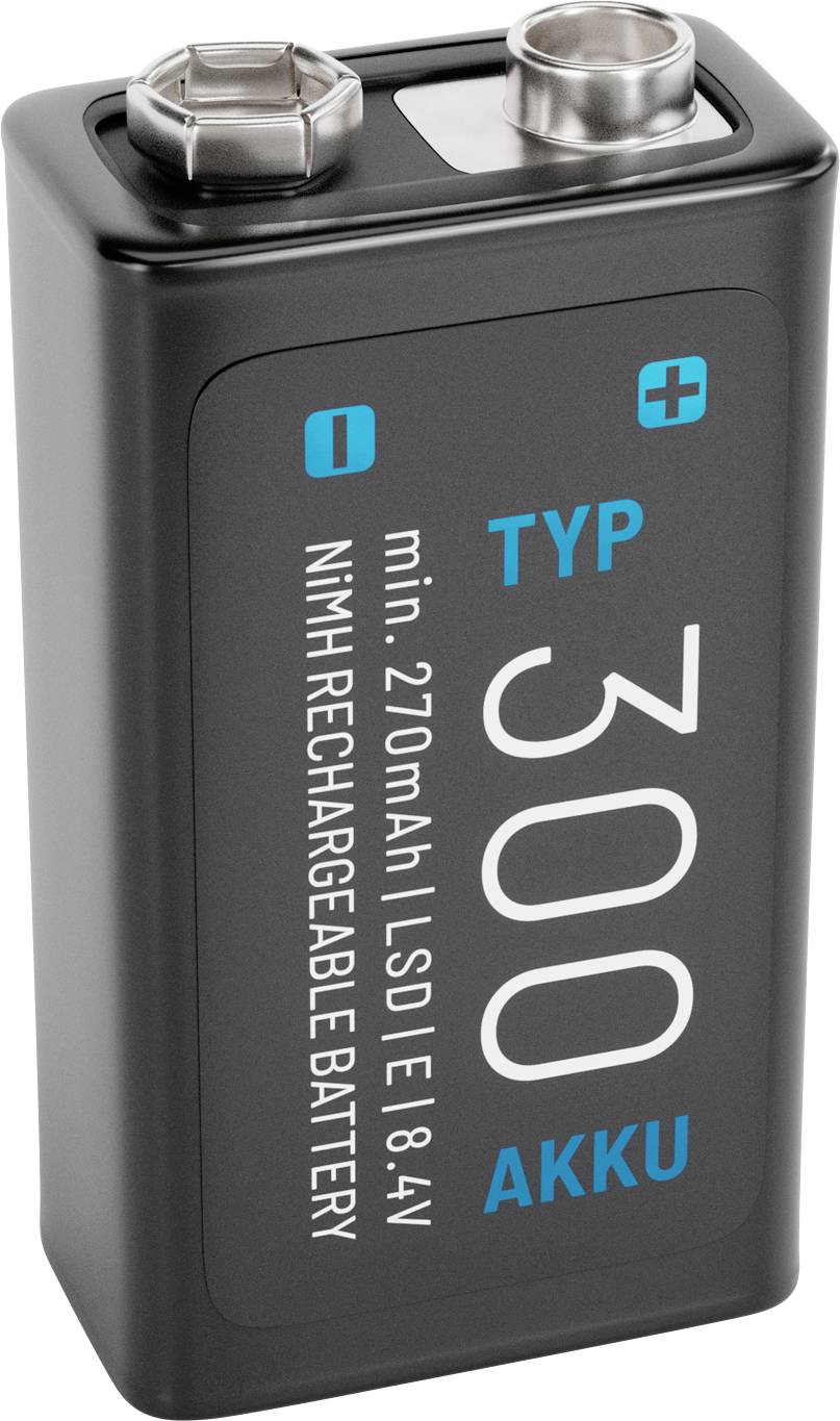 Obdélníková dobíjecí baterie označená štítkem 'TYP 300 AKKU', s vyznačenými póly plus a mínus.