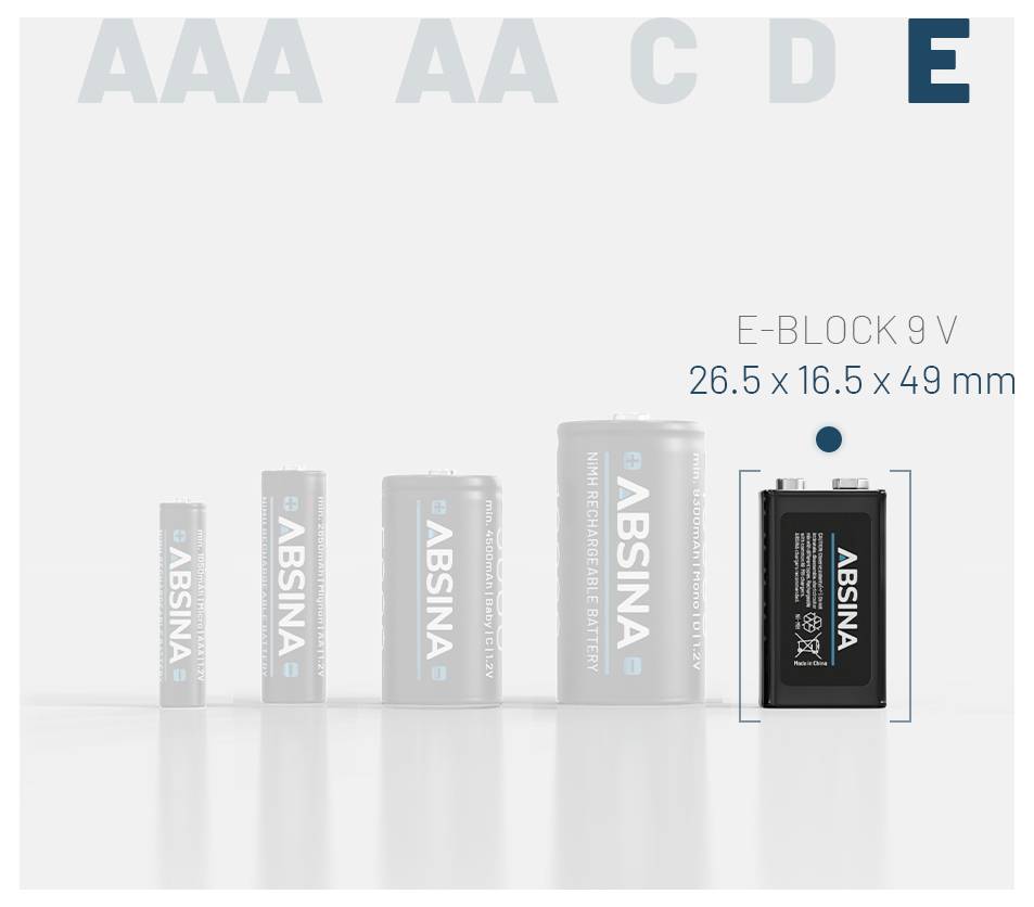 Obrázek zobrazuje baterie ABSINA v různých velikostech: AAA, AA, C, D a zvýrazněný E-Block 9V s rozměry 26,5 x 16,5 x 49 mm.