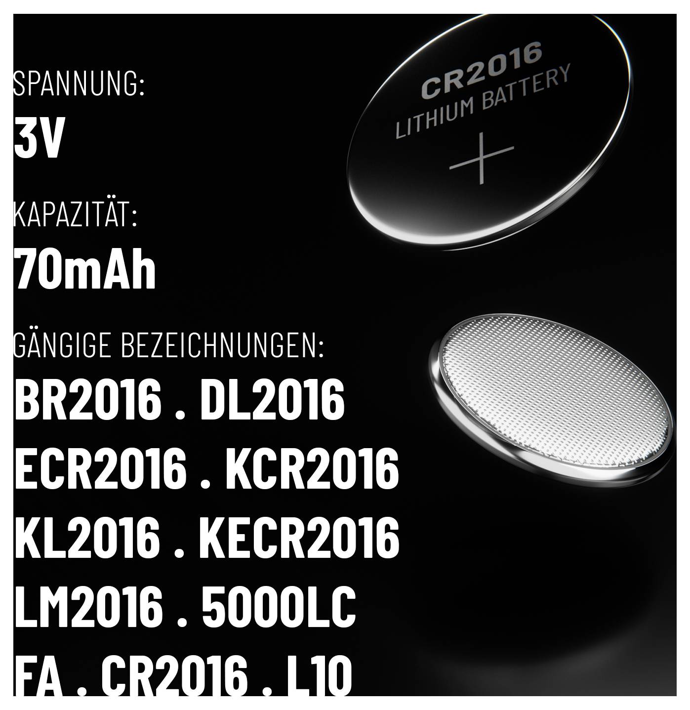 Obrázek dvou lithiových baterií CR2016. Text popisuje specifikace: 'Napětí: 3V, Kapacita: 70mAh.' Uvádí ekvivalenty: BR2016, DL2016 atd.