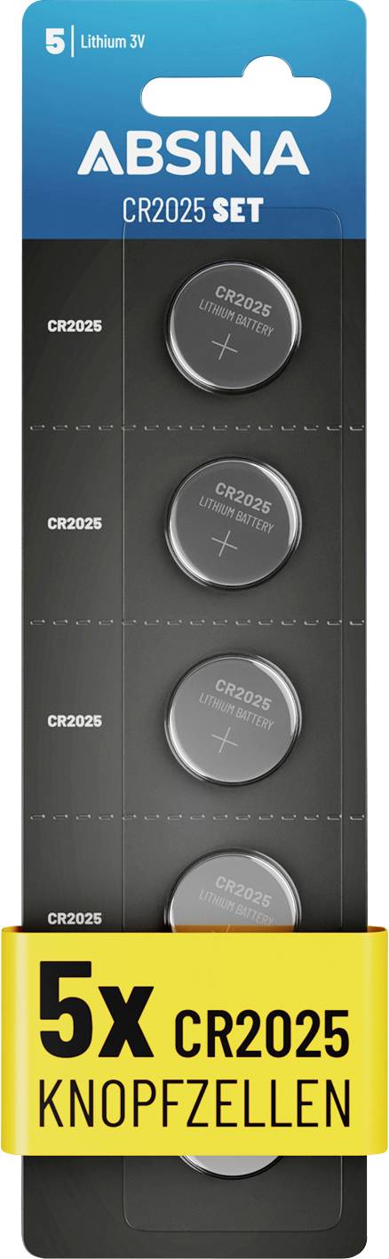 5x CR2025 knoflíkové baterie, balení pěti knoflíkových baterií od firmy Absina, označené jako "Lithium 3V".
