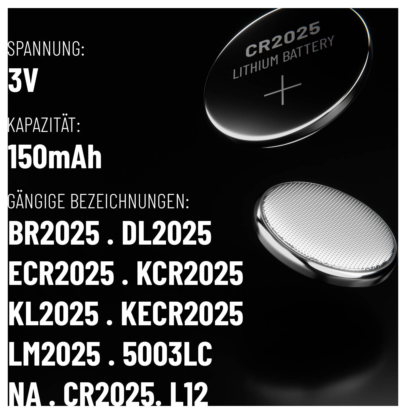 Detailní pohled na lithiovou baterii CR2025 se specifikacemi: 3V, 150mAh. Kompatibilní modely včetně BR2025 a DL2025.