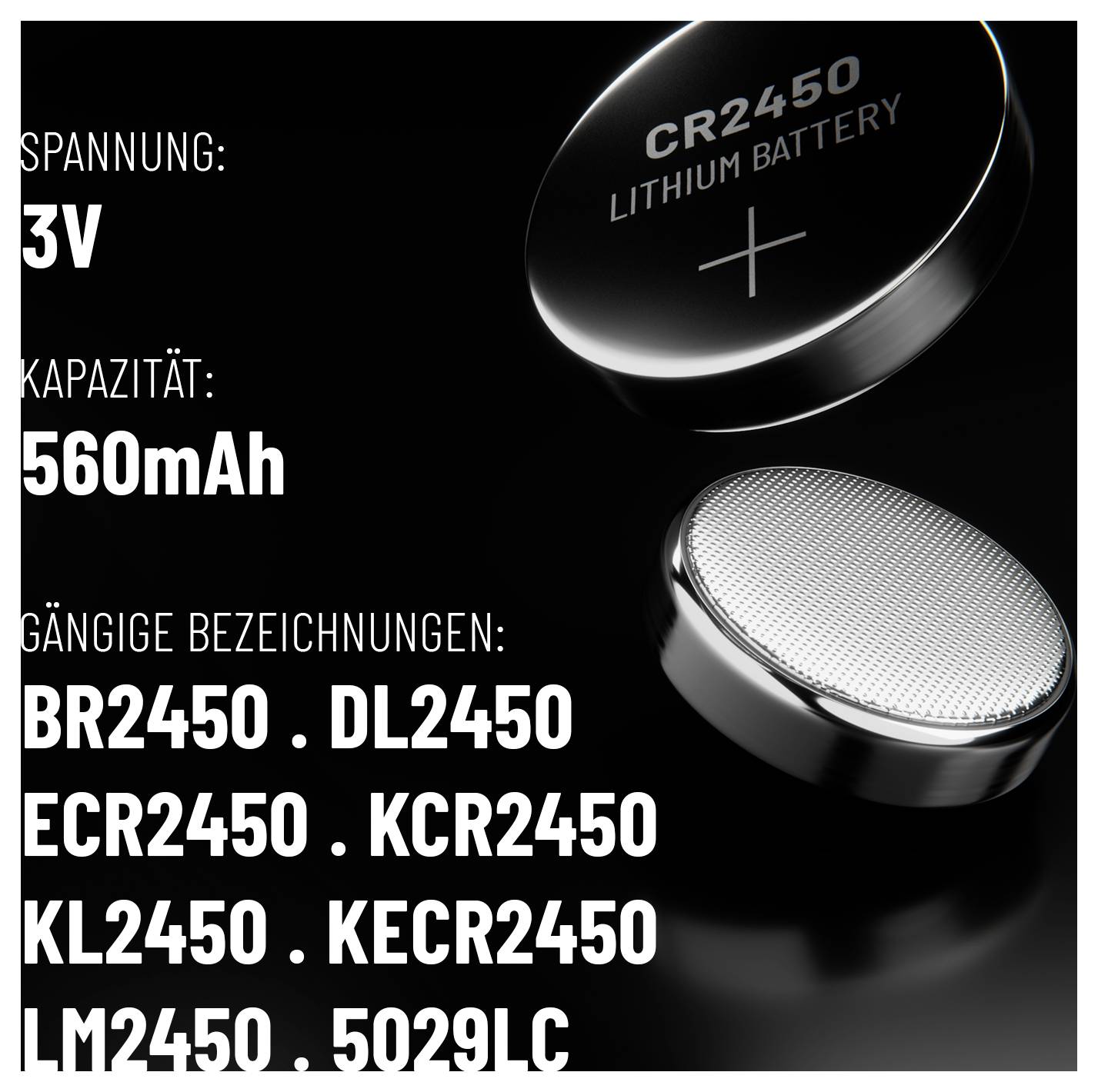 Obrázek lithiové baterie CR2450. Text uvádí: Napětí 3V, Kapacita 560mAh, s běžnými označeními jako BR2450, DL2450 apod.