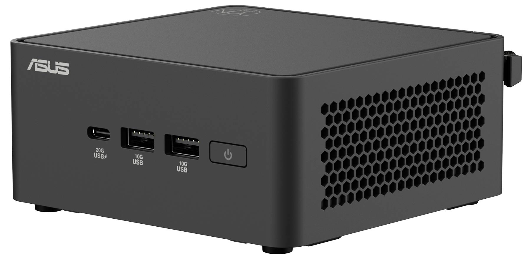 Mini počítač ASUS se dvěma porty USB-C, dvěma porty USB-A a vypínačem na přední straně. Boční větrací otvor pro chlazení.