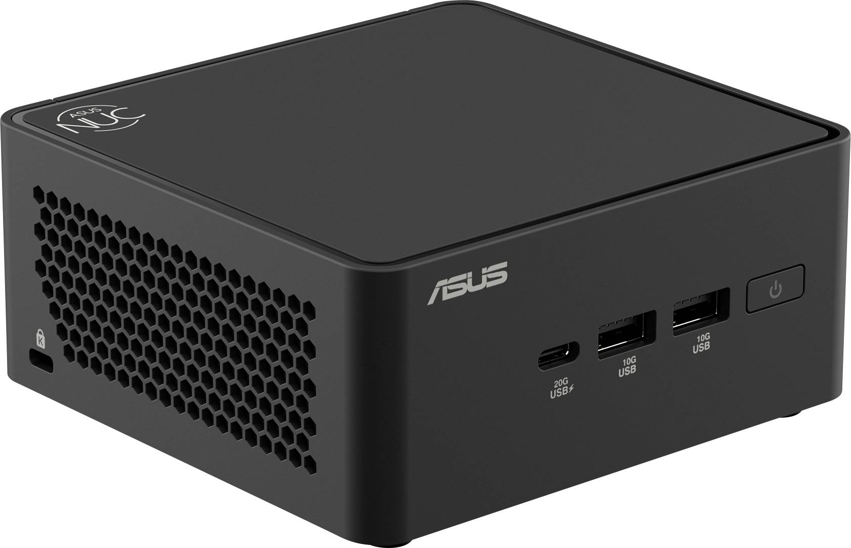 Malý černý mini počítač ASUS s větracími otvory, USB porty a tlačítkem napájení na přední straně, který ukazuje kompaktní design.