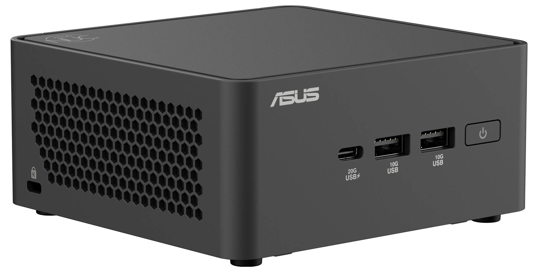 Malý černý mini PC ASUS s porty USB a USB-C na předním panelu.