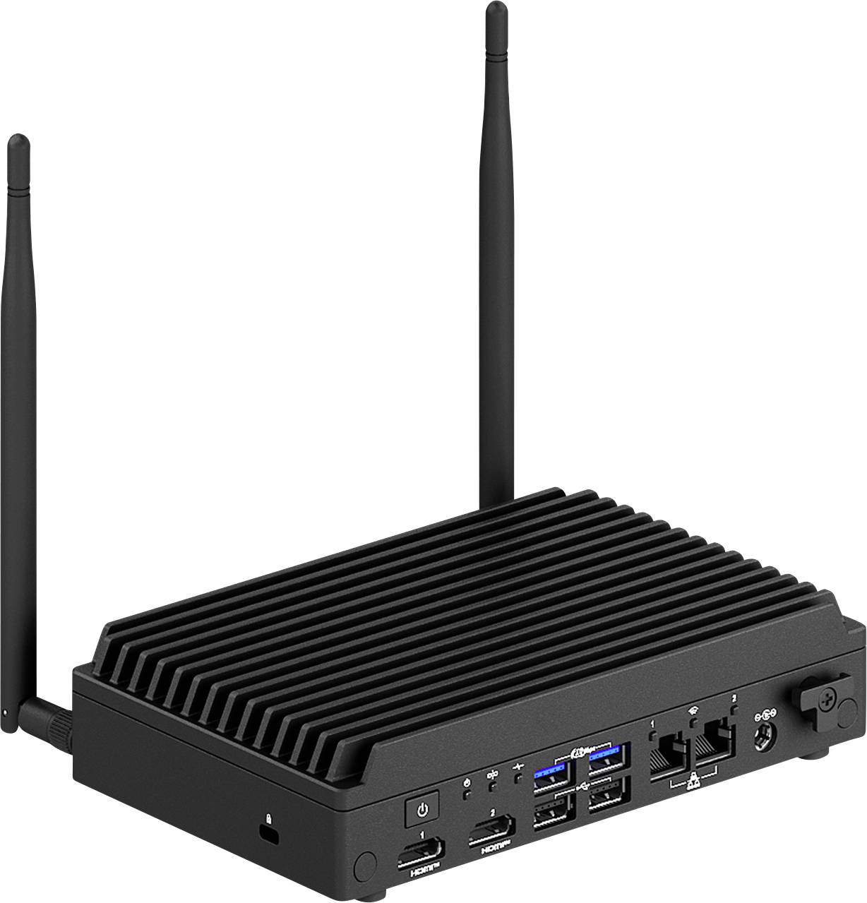 Černý, kompaktní počítač s žebrovaným povrchem pro odvod tepla, dvěma anténami a několika porty včetně USB a Ethernetu na přední straně.