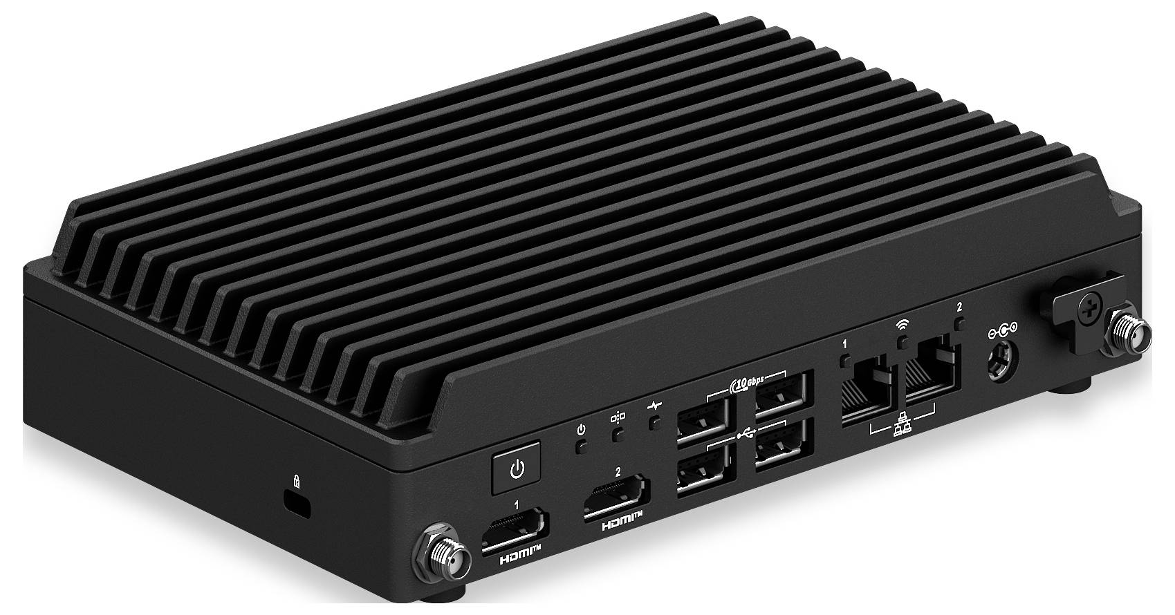 Černý, bezventilátor, průmyslový mini počítač s několika porty včetně HDMI, USB a Ethernet, navržený pro robustní výpočetní prostředí.