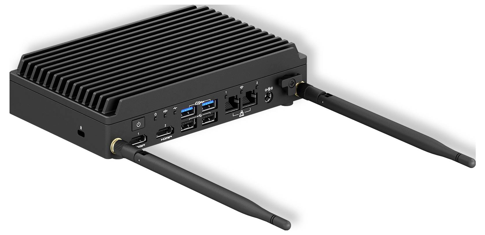 Kompaktní černé elektronické zařízení se dvěma anténami pro připojení, vybavené několika porty včetně USB, HDMI a Ethernetu.