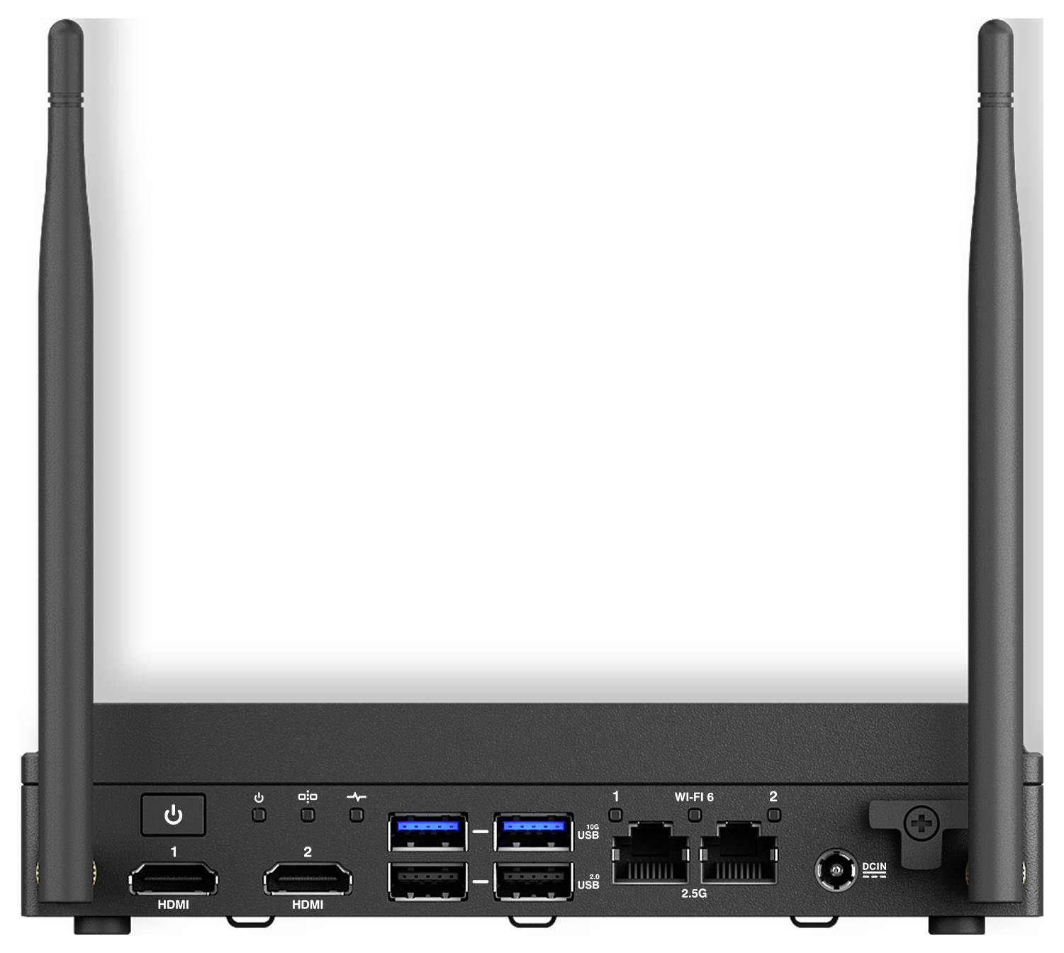 Modem nebo router se dvěma anténami, vybavený porty pro napájení, HDMI, USB, Ethernet a tlačítkem napájení na hladkém povrchu.