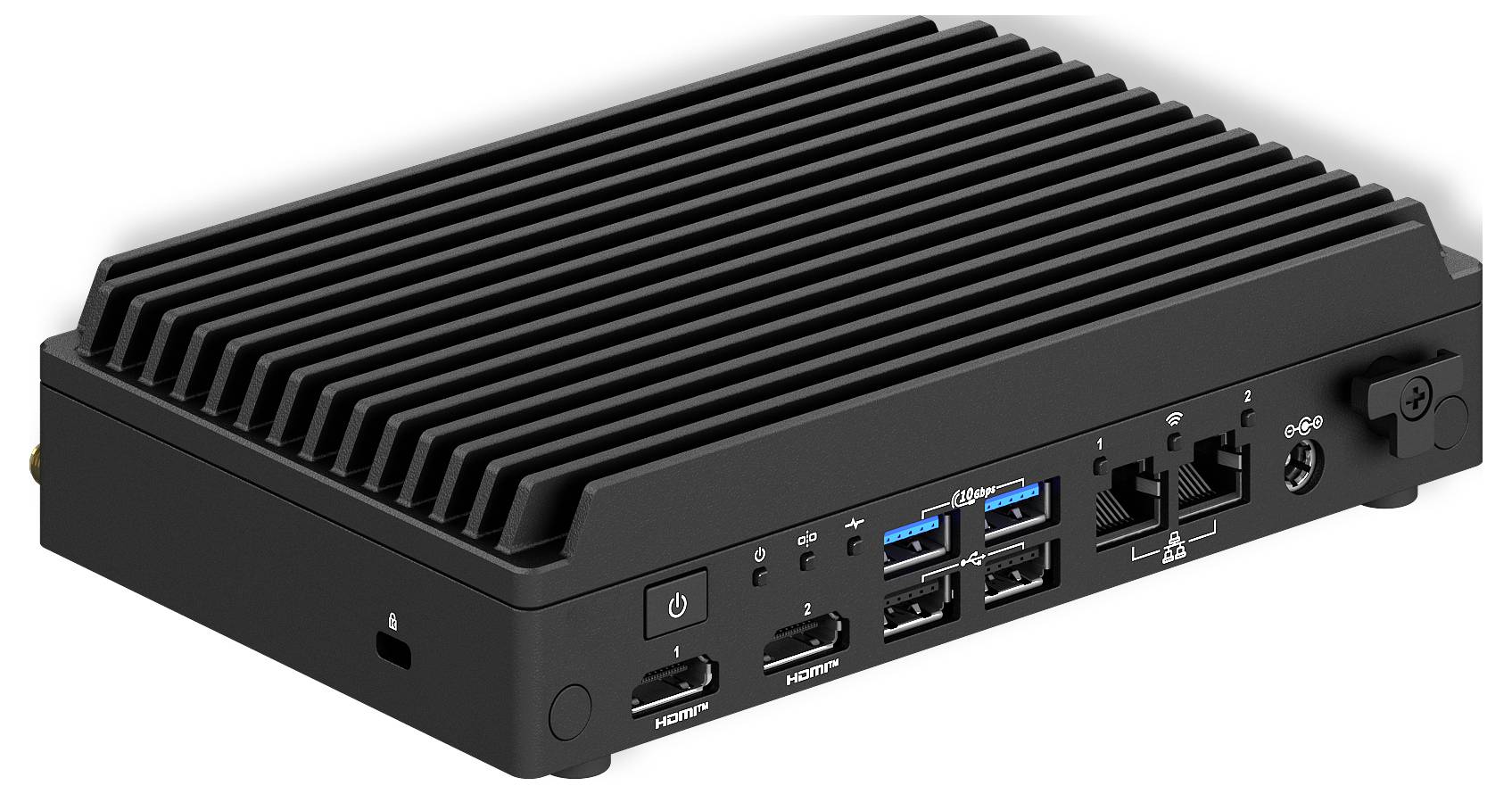 Černý, obdélníkový průmyslový počítač s žebrovaným povrchem pro odvod tepla. Na přední straně jsou porty včetně vypínače, USB, Ethernetu a HDMI.