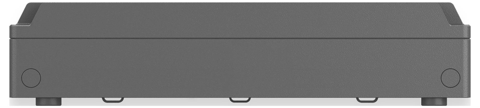 Šedé, obdélníkové elektronické zařízení s hladkým předním povrchem, pravděpodobně kus hardwaru, jako je modem nebo serverová jednotka.