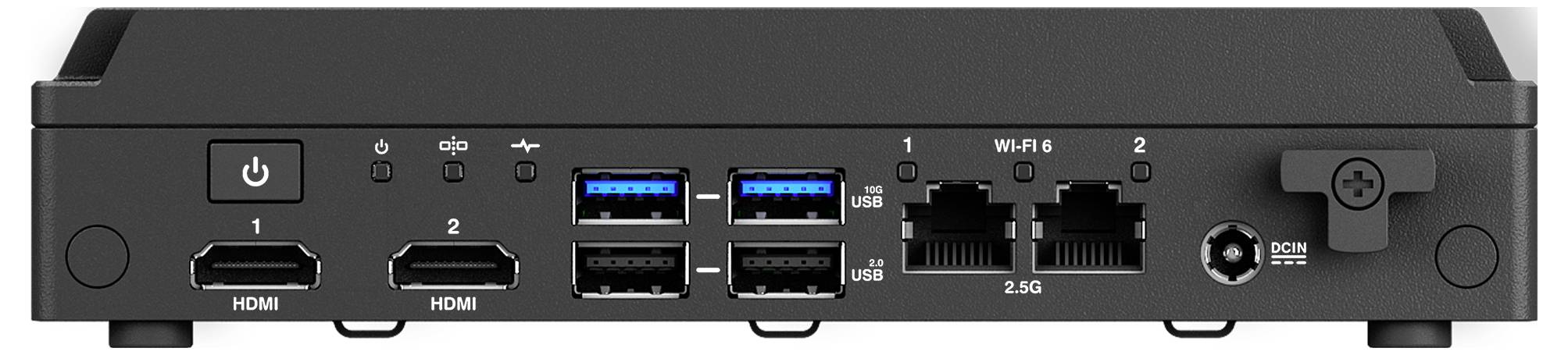 Pohled zezadu na dokovací stanici počítače zobrazující porty HDMI, USB porty, ethernetové porty, vypínač a bezpečnostní zámek.