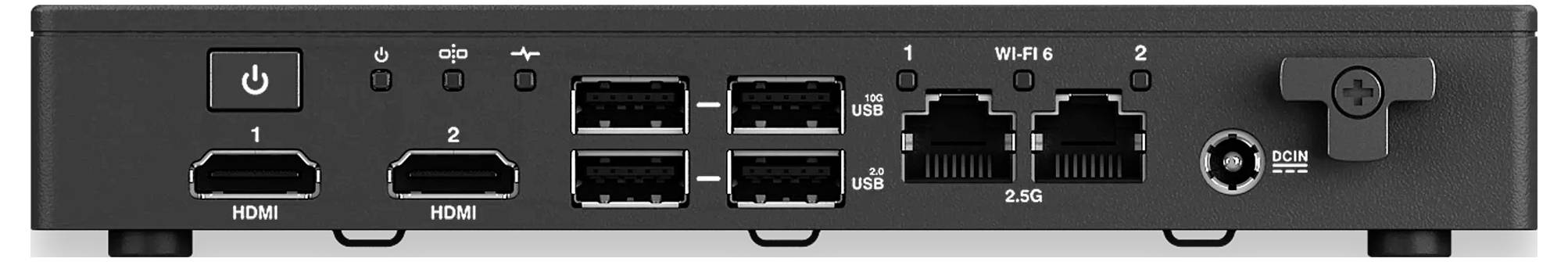 Černé elektronické zařízení se dvěma HDMI porty, čtyřmi USB porty, dvěma ethernetovými porty a vypínačem, pohled zezadu.