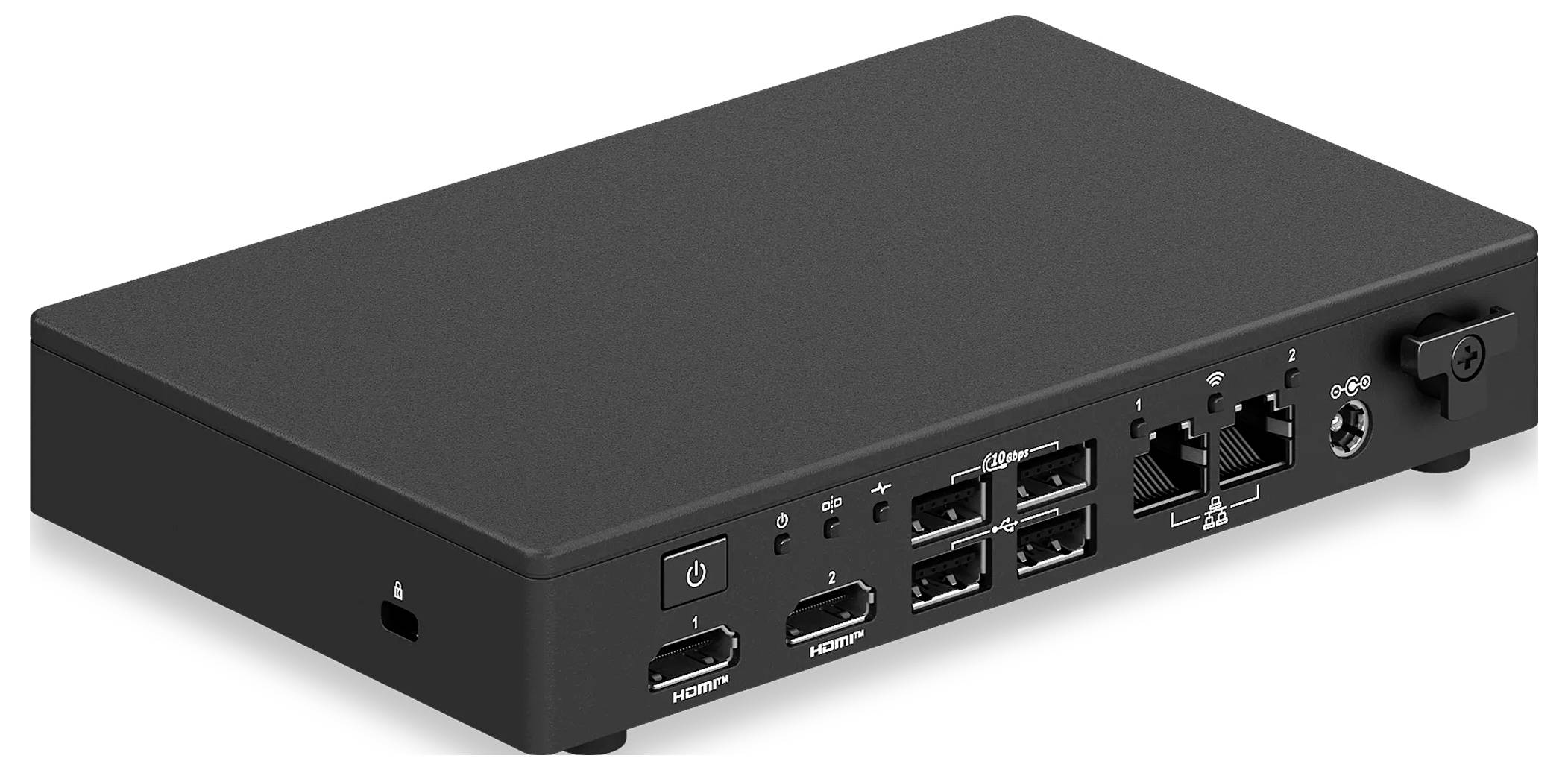 Černé elektronické zařízení s několika HDMI porty, ethernetovými konektory a napájecím tlačítkem, pravděpodobně používané pro připojení a distribuci signálu.