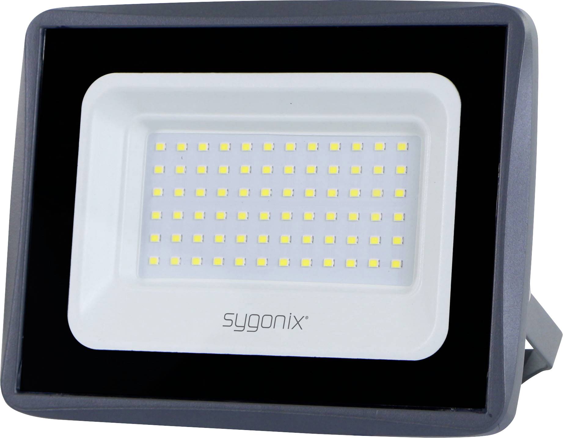 Černobílý LED reflektor s obdélníkovým panelem lampy a značkou 'sygonix' na přední straně