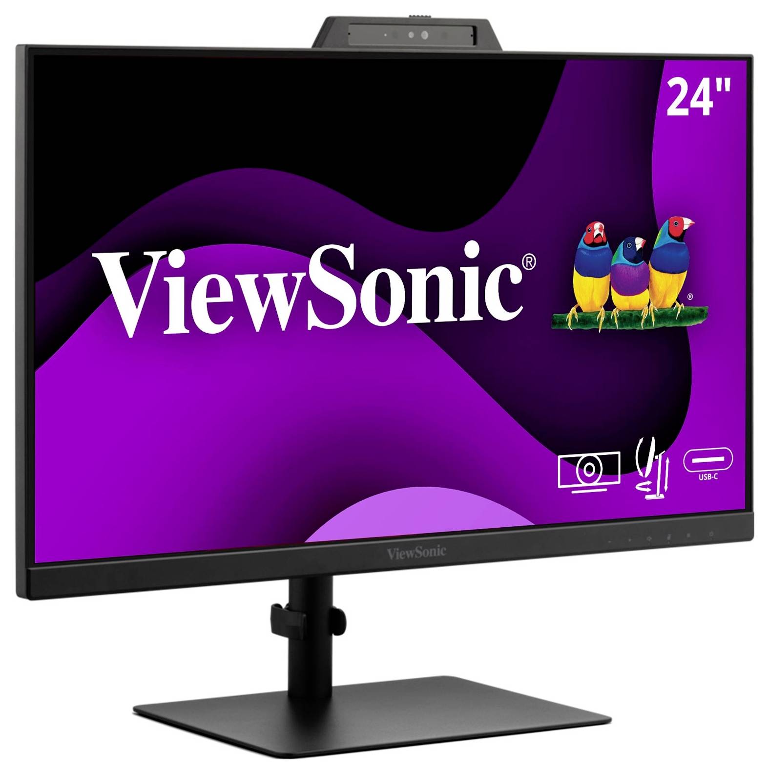 Monitor ViewSonic o velikosti 24 palců zobrazující logo značky a barevné ptáky na fialovém pozadí, s ikonami signalizujícími vestavěnou webovou kameru, mikrofon a připojení USB-C.