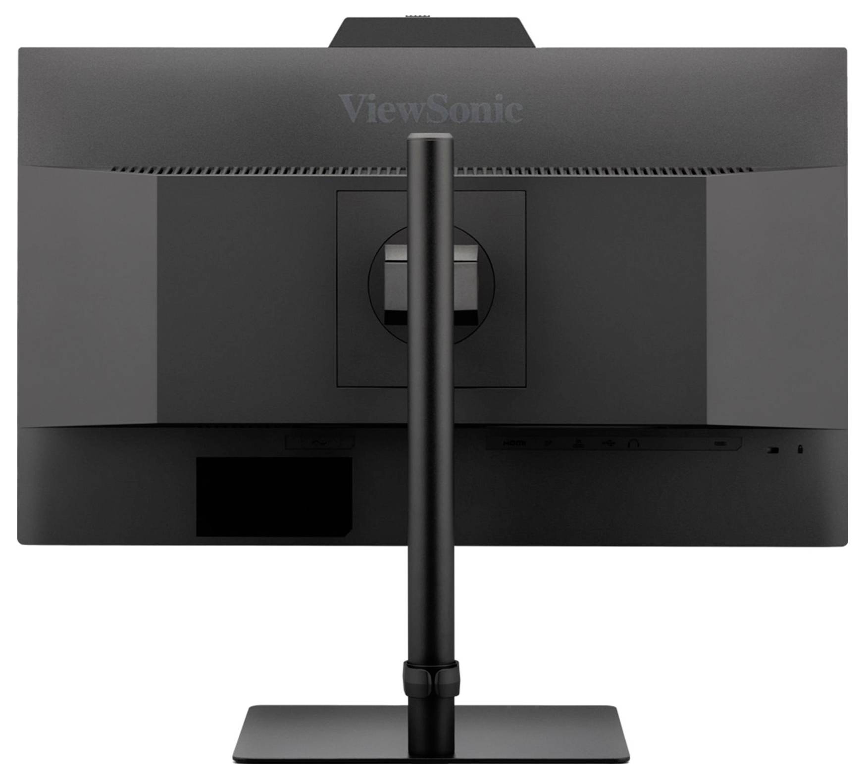 Obrázek zobrazuje pohled zezadu na černý počítačový monitor s centrální podstavou, na jehož horní části je umístěno logo společnosti 'ViewSonic'.