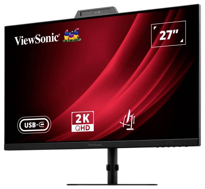 ViewSonic 27palcový monitor s rozlišením 2K QHD, připojením USB-C a červeným vlnovým vzorem na obrazovce.