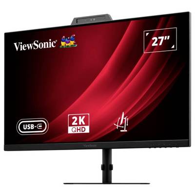 ViewSonic 27palcový monitor s rozlišením 2K QHD, připojením USB-C a červeným vlnovým vzorem na obrazovce.