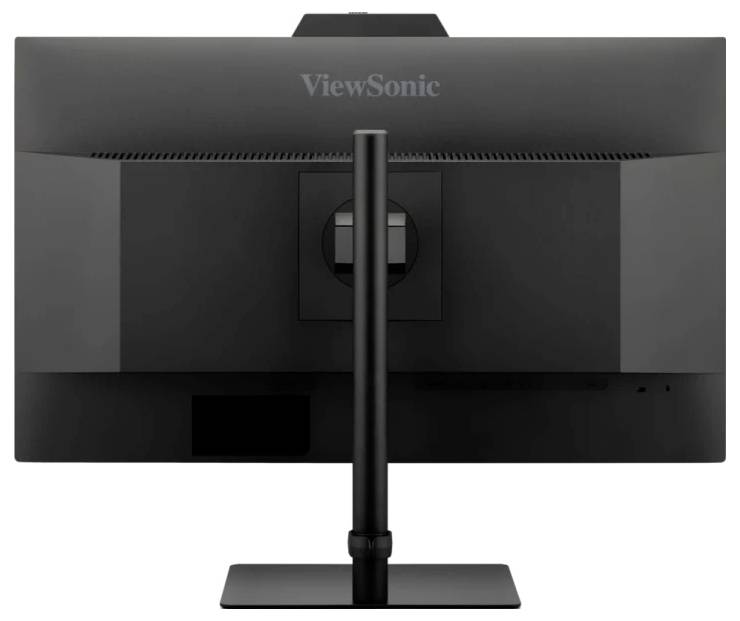 Pohled zezadu na monitor ViewSonic umístěný na stojanu, který ukazuje jeho elegantní design a nastavitelnou základnu.