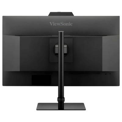 Pohled zezadu na monitor ViewSonic umístěný na stojanu, který ukazuje jeho elegantní design a nastavitelnou základnu.
