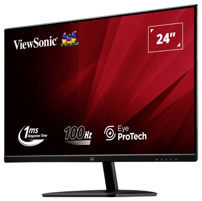 ViewSonic 24palcový monitor s odezvou 1 ms, obnovovací frekvencí 100 Hz a technologií Eye ProTech na červeně laděném pozadí.