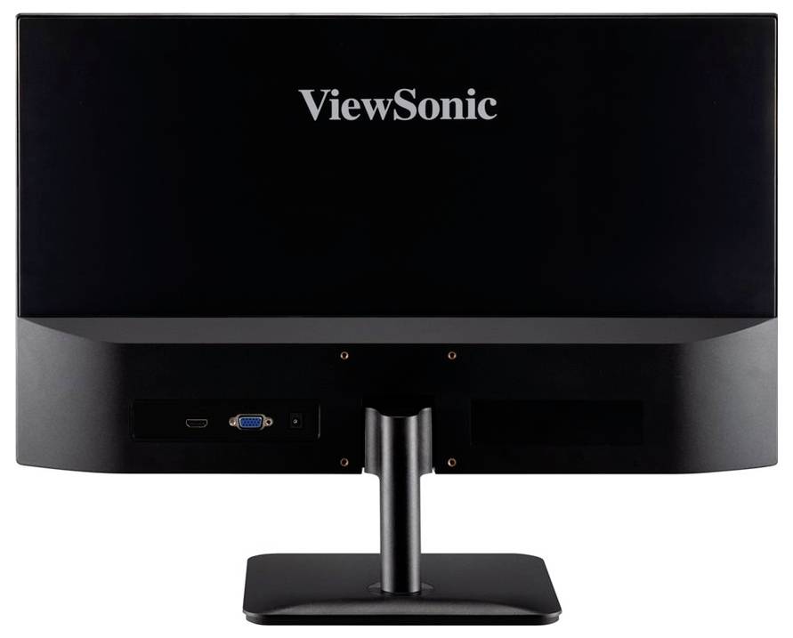 Zadní pohled na monitor ViewSonic s firemním logem poblíž horní části a připojovacími porty, včetně HDMI a VGA, umístěnými ve spodní části.