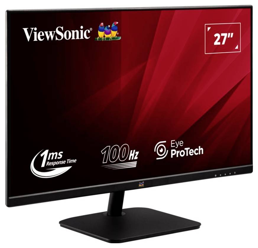 Monitor ViewSonic s 27palcovou obrazovkou, s možnostmi '1ms doba odezvy', '100Hz' a 'Eye ProTech' zobrazenými na obrazovce.