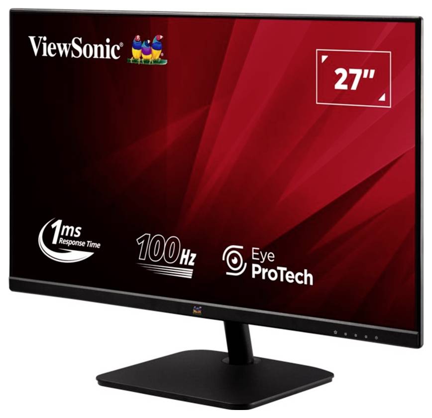 Černý monitor ViewSonic o velikosti 27 palců s barevným logem, s dobou odezvy 1 ms, obnovovací frekvencí 100 Hz a technologií Eye ProTech.