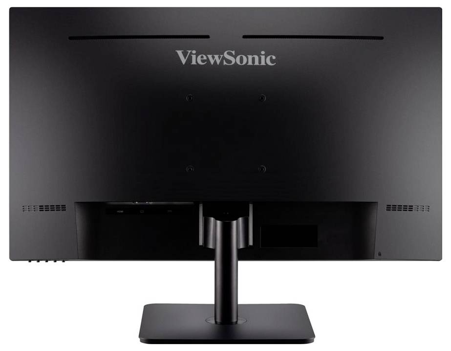 Pohled zezadu na černý počítačový monitor ViewSonic, zobrazující stojan a větrací štěrbiny.