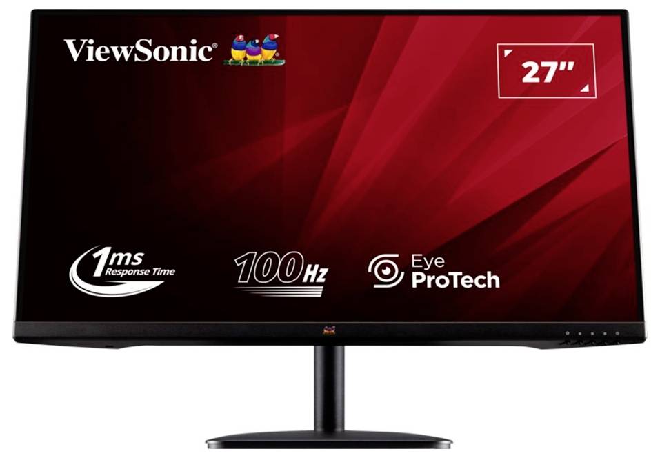 Monitor ViewSonic s 27" obrazovkou, dobou odezvy 1 ms, obnovovací frekvencí 100 Hz a funkcí Eye ProTech na červeném pozadí.