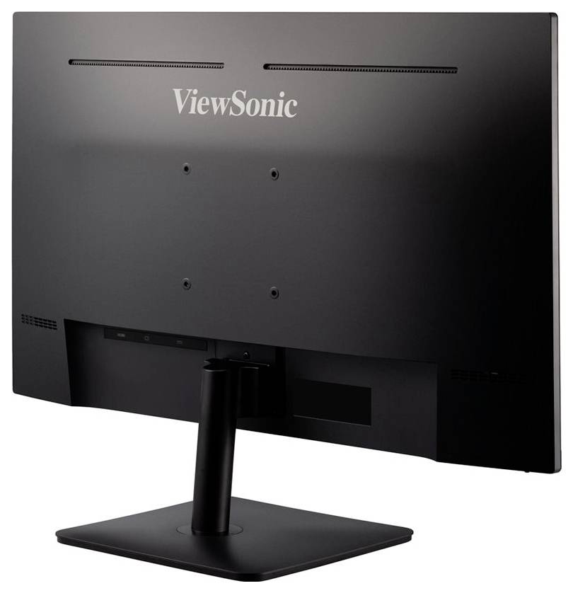 Zadní pohled na černý monitor ViewSonic umístěný na stojanu, zobrazující firemní logo a montážní otvory.