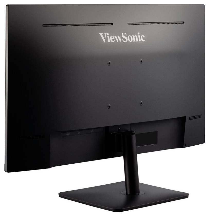 Černý monitor ViewSonic pohledem zezadu, s elegantním stojanem a minimalistickým designem.