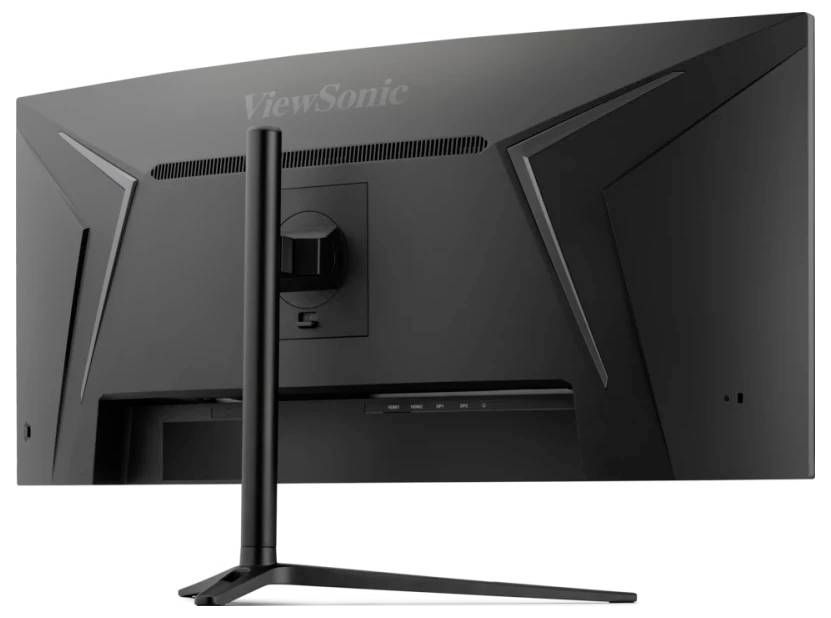 Černý zakřivený počítačový monitor, pohled zezadu, s výrazným logem ViewSonic a elegantním designem stojanu.