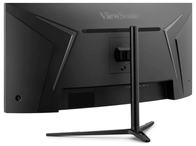 Zakřivený počítačový monitor ViewSonic pohledem zezadu, který ukazuje jeho elegantní černý design a stabilní stojan.