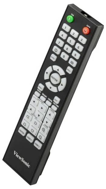 Dálkový ovladač ViewSonic s navigačními tlačítky, ovládáním hlasitosti a vypínačem, určený pro ovládání zobrazovacích zařízení.