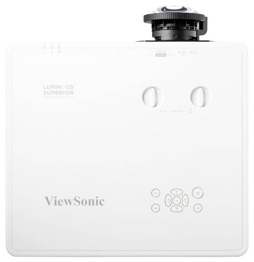 Projektor 'ViewSonic' v bílé barvě s různými ovládacími tlačítky na horní straně, označený 'Luminous Superior', určený pro montáž na strop.