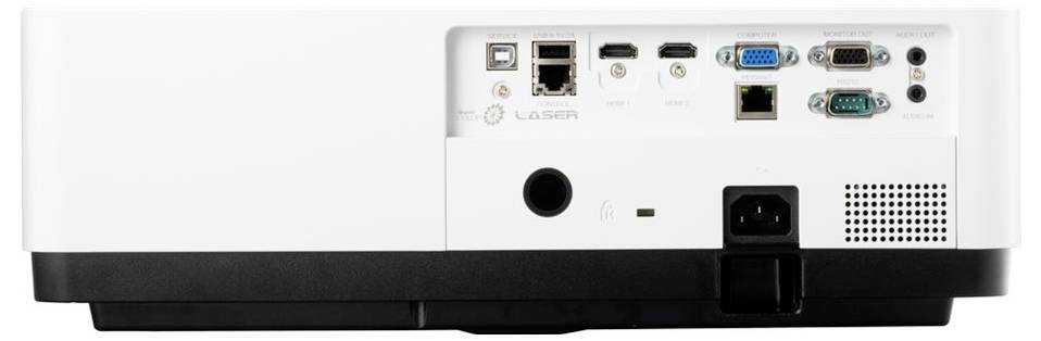 Pohled zezadu na projektor znázorňující různé konektivní porty, včetně HDMI, USB, Ethernetu, VGA a napájecího vstupu.