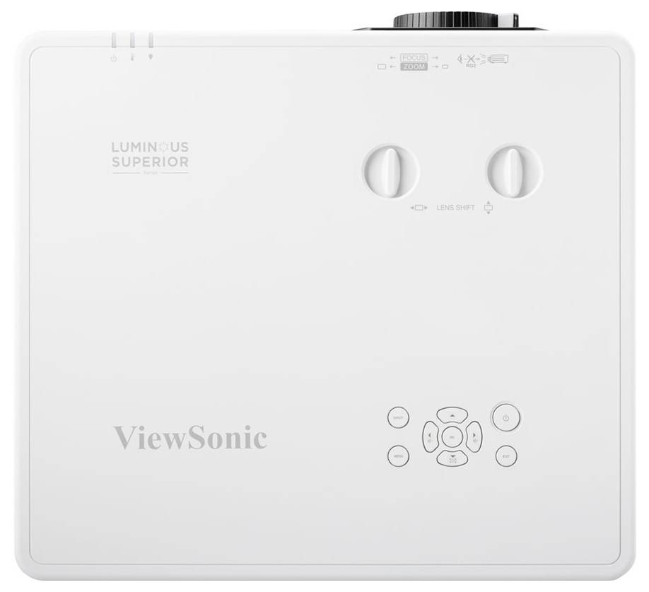 Projektor ViewSonic s ovládacím panelem a kolečky pro nastavení čočky na horní straně.