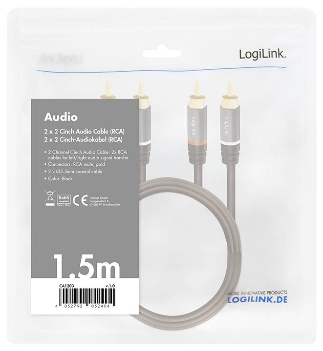 'LogiLink 1,5m 2 x 2 cinch audio kabel se zlatými konektory pro optimální přenos signálu. Barva: Černá.'
