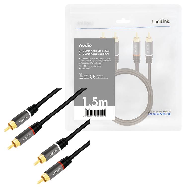 Balení kabelů LogiLink pro audio, které zobrazuje dva černé kabely se zlatými konektory, označené pro stereofonní použití, délka balení 1,5 m.