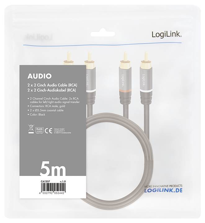 'Balení audiokabelu LogiLink zobrazuje 2x2 cinch RCA kabely, délky 5m, barvy černé, s pozlacenými konektory pro vysoce kvalitní přenos audiosignálu.'
