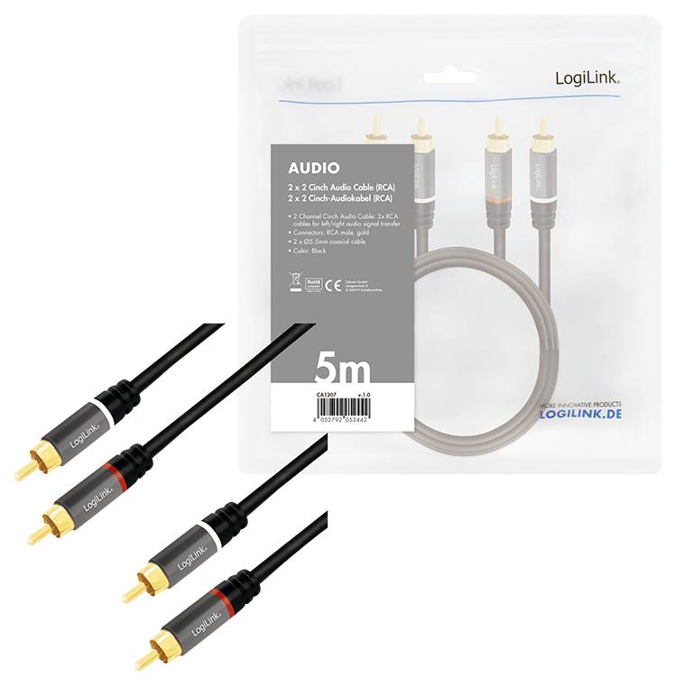 "LogiLink 2 x 2 Cinch audio kabel (RCA) 5m" balení zobrazující pozlacené konektory a černé kabely pro stereofonní audio připojení.
