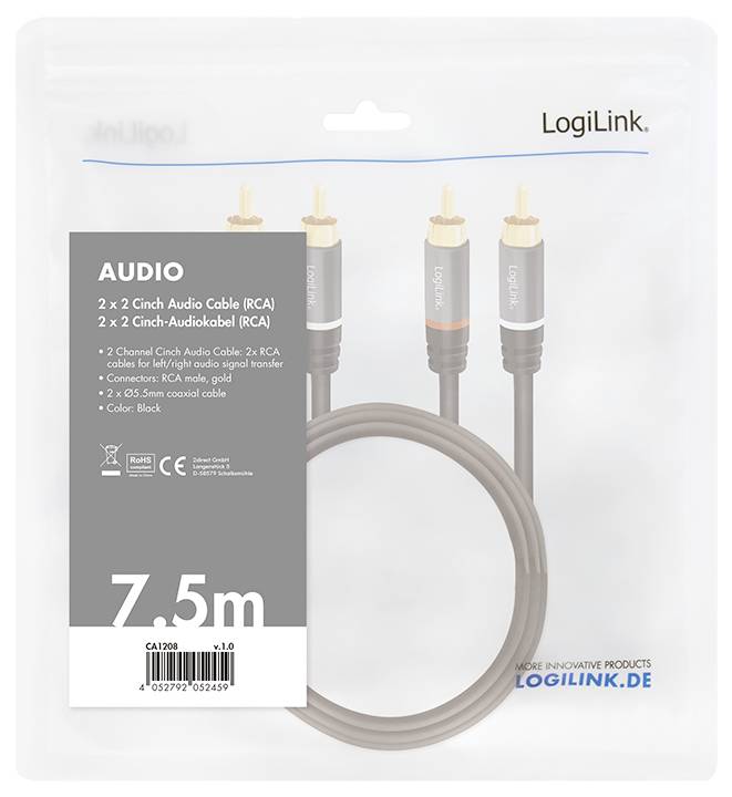 LogiLink 7,5m 2x2 cinch audio kabel (RCA). Obsahuje dvoukanálové kabely, zlaté kontakty pro kvalitní zvuk, černá barva.