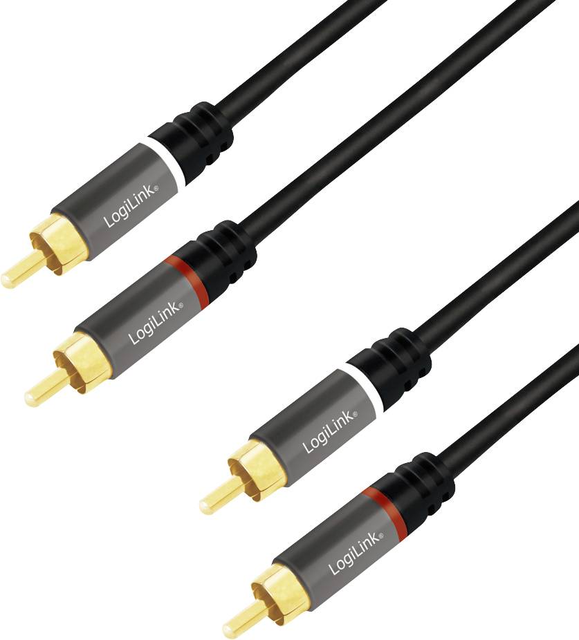Dva černé audio kabely se zlatě plátovanými RCA konektory, označené 'LogiLink', s červenou a bílou značkou pro levý a pravý kanál.