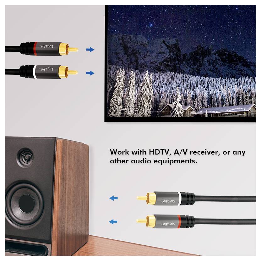 Audio kabely se zlatými konektory vedle reproduktoru, obrazovka zobrazuje zasněženou horskou krajinu. Text: Pracujte s HDTV, A/V receivrem nebo audiotechnikou.