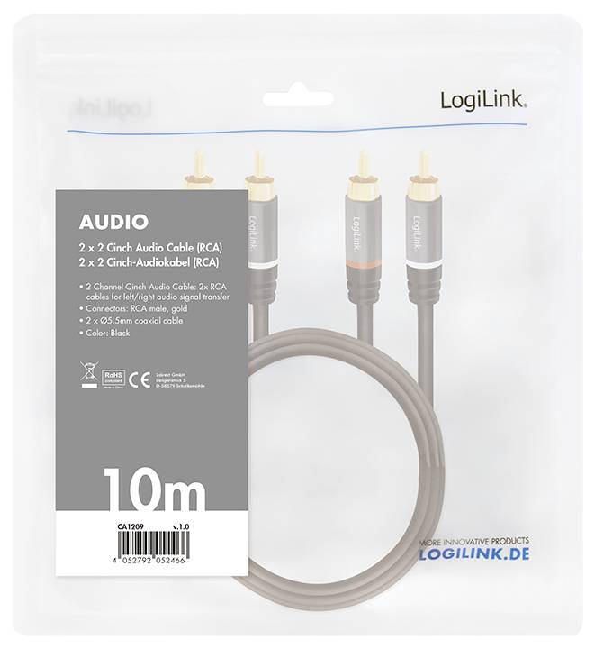 'LogiLink audio kabel 10m: 2x RCA konektory v černé/červené barvě. Vhodný pro přenos audio signálu, barva: černá. Model: CA1209.'