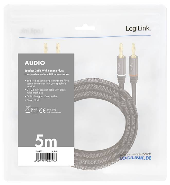 Reproduktorový kabel 'LogiLink' zobrazující černý 5m kabel s banánkovými konektory. Obsahuje detaily o kvalitě zvuku a typu konektorů.