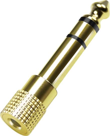 Zlatý 6,35mm audio adaptér s černými kroužky a vroubkovaným úchytem, používaný k propojení audio zařízení s různými vstupními velikostmi.