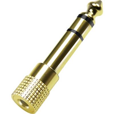 Zlatý 6,35mm audio adaptér s černými kroužky a vroubkovaným úchytem, používaný k propojení audio zařízení s různými vstupními velikostmi.